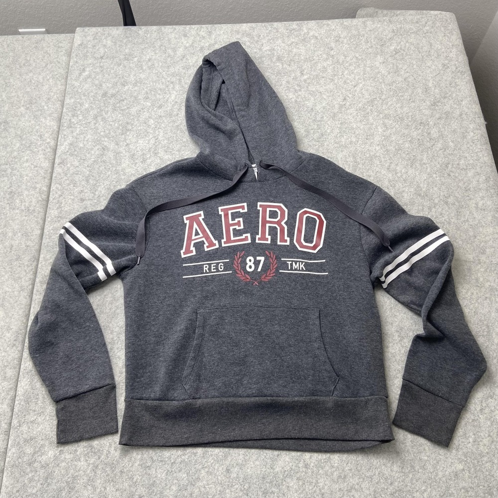 Aeropostale Sport Hoodie Womens Medium Gray Pullover Fleece AERO 87 Graphic
